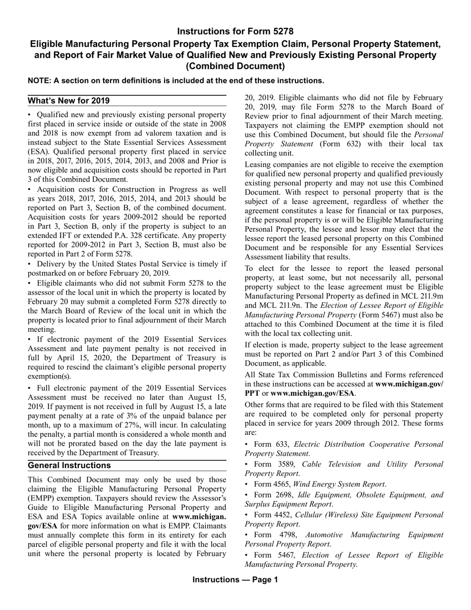 Form 5278 Eligible Manufacturing Personal Property Tax Exemption Claim, Personal Property Statement, and Report of Fair Market Value of Qualified New and Previously Existing Personal Property - Michigan, Page 5