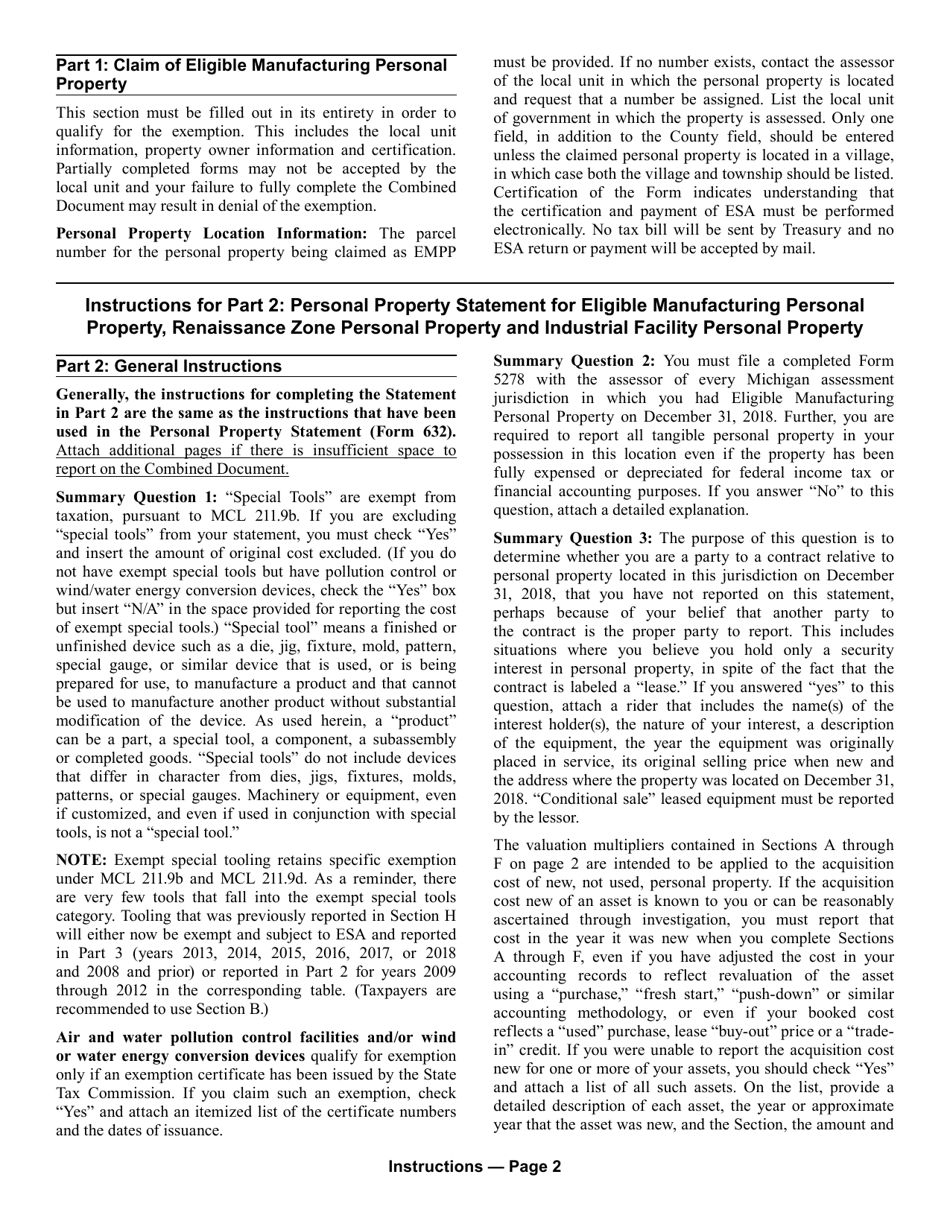 Form 5278 Eligible Manufacturing Personal Property Tax Exemption Claim, Personal Property Statement, and Report of Fair Market Value of Qualified New and Previously Existing Personal Property - Michigan, Page 6