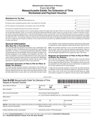 Document preview: Form M-4768 Estate Tax Extension of Time Worksheet and Payment Voucher - Massachusetts