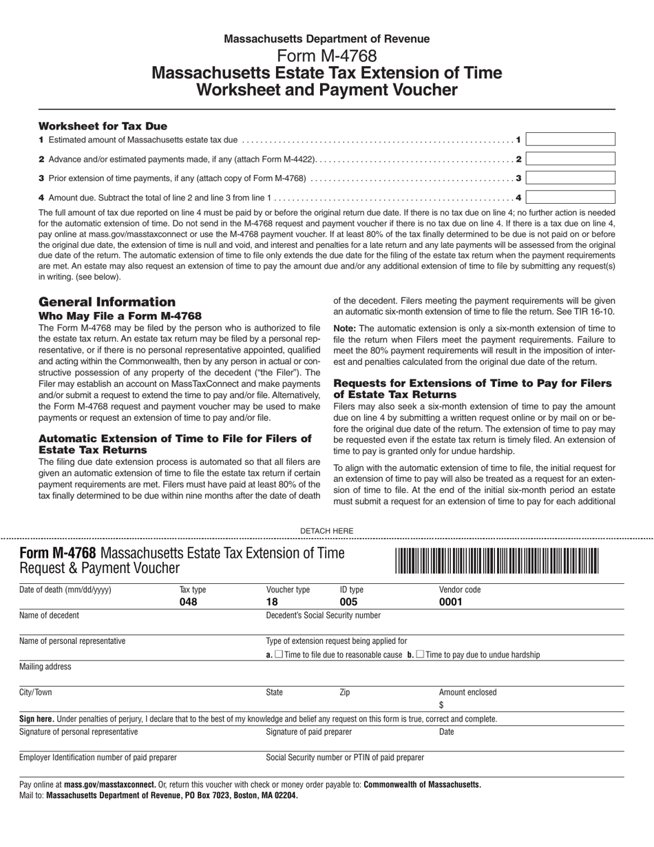 Form M-4768 Estate Tax Extension of Time Worksheet and Payment Voucher - Massachusetts, Page 1