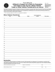 Form MVU-23 Affidavit in Support of a Claim for Exemption From Sales or Use Tax for a Motor Vehicle, Trailer or Other Vehicle Transferred to an Insurer - Massachusetts