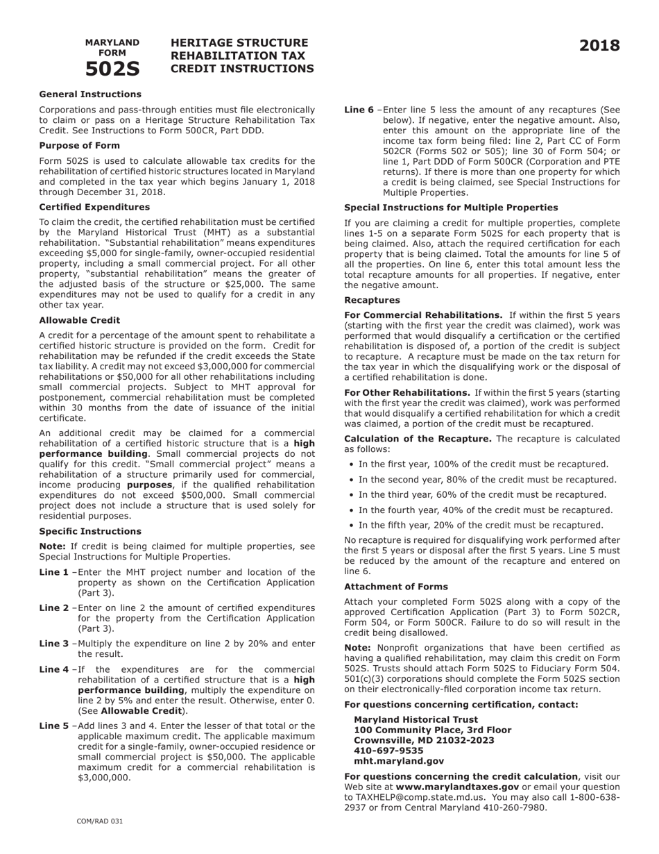 Form COM / RAD031 (Maryland Form 502S) Heritage Structure Rehabilitation Tax Credit - Maryland, Page 2