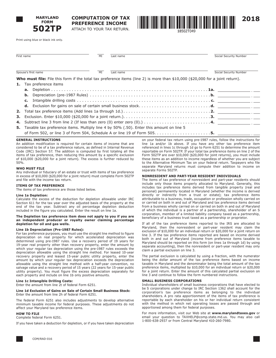 Form COM/RAD-016 (Maryland Form 502TP) - 2018 - Fill Out, Sign Online ...