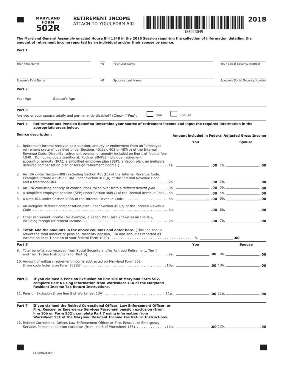 Form COM / RAD-020 (Maryland Form 502R) Retirement Income - Maryland, Page 1