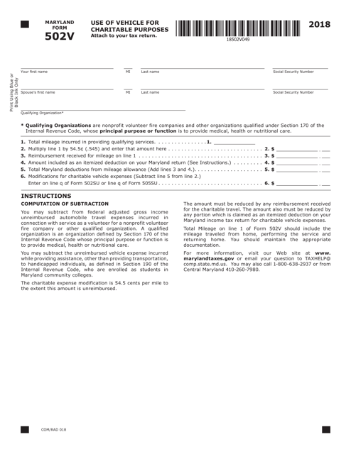 Form COM/RAD018 (Maryland Form 502V) Charitable Purposes - Maryland, 2018