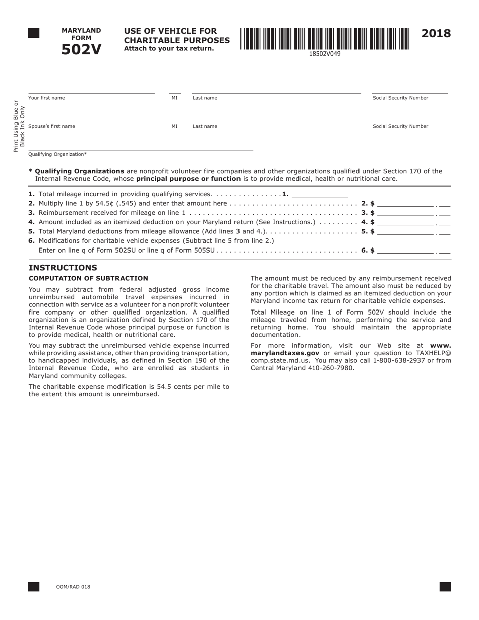 Form COM / RAD018 (Maryland Form 502V) Charitable Purposes - Maryland, Page 1