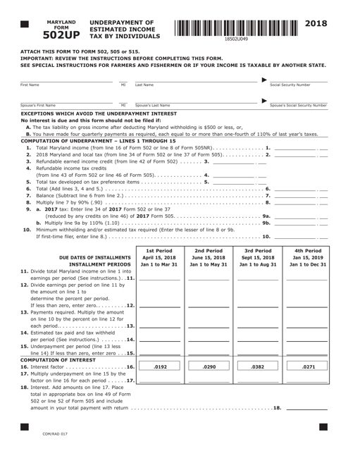 Form COM/RAD017 (Maryland Form 502UP) Underpayment of Estimated Income Tax by Individuals - Maryland, 2018