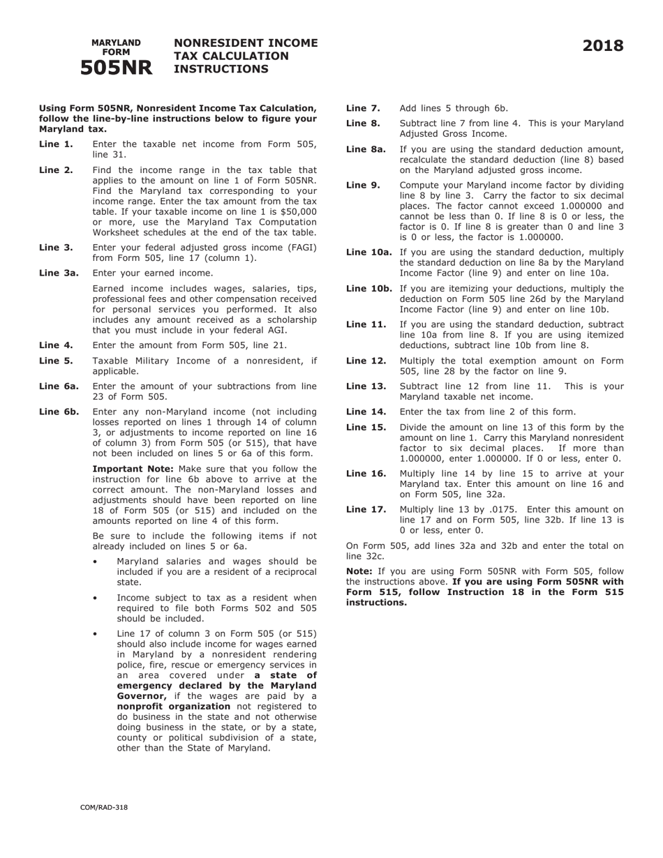 Form COM / RAD-318 (Maryland Form 505NR) Nonresident Income Tax Calculation - Maryland, Page 2