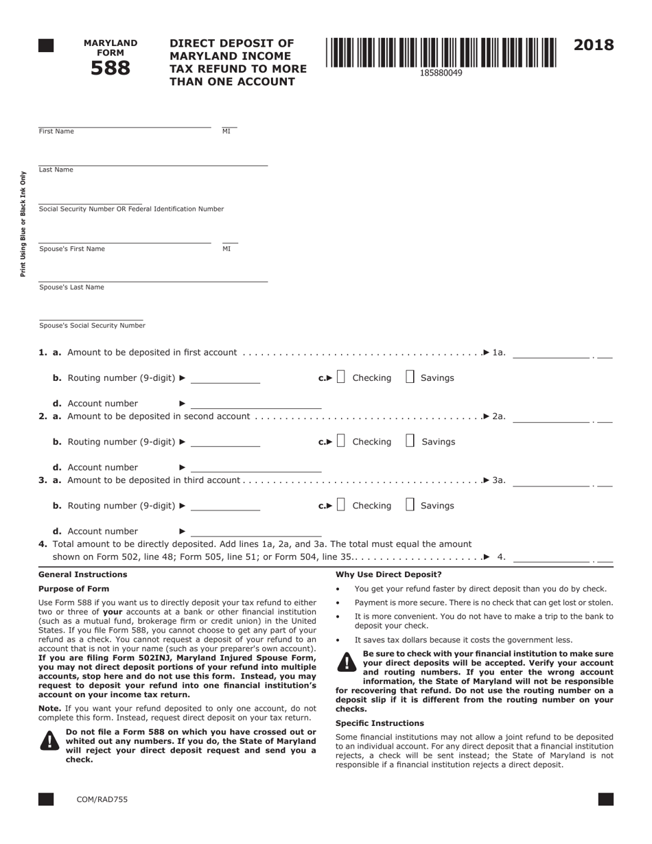 Form COM / RAD755 (Maryland Form 588) Direct Deposit of Maryland Income Tax Refund to More Than One Account - Maryland, Page 1