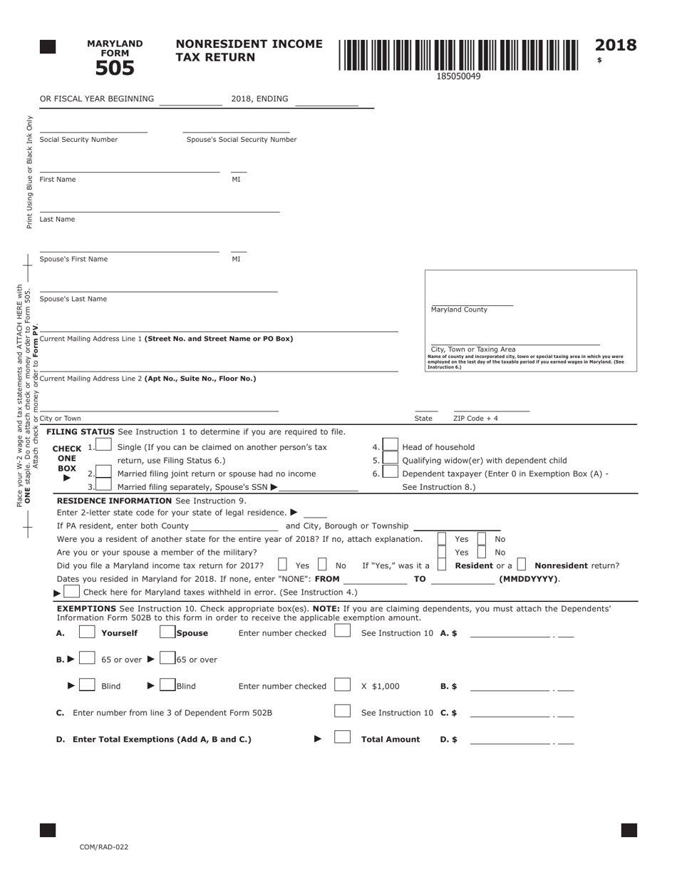 Form COM / RAD-022 (Maryland Form 505) Nonresident Income Tax Return - Maryland, Page 1