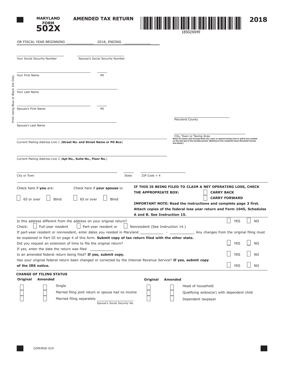 Form COM / RAD019 (Maryland Form 502X) Amended Tax Return - Maryland, Page 1