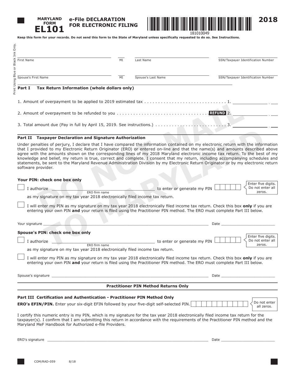 Form COM / RAD-059 (Maryland Form EL101) E-File Declaration for Electronic Filing - Maryland, Page 1