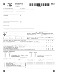 Document preview: Form COM/RAD022A (Maryland Form 505X) Nonresident Amended Tax Return - Maryland, 2018