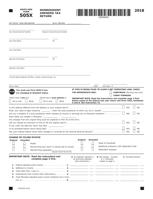 Form COM/RAD022A (Maryland Form 505X) Nonresident Amended Tax Return - Maryland, 2018