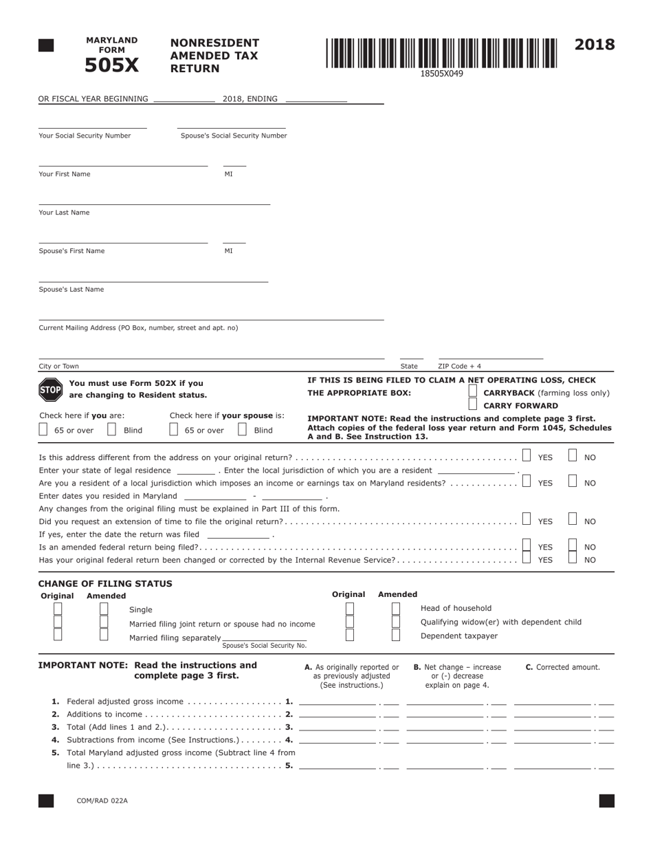 Form COM / RAD022A (Maryland Form 505X) Nonresident Amended Tax Return - Maryland, Page 1
