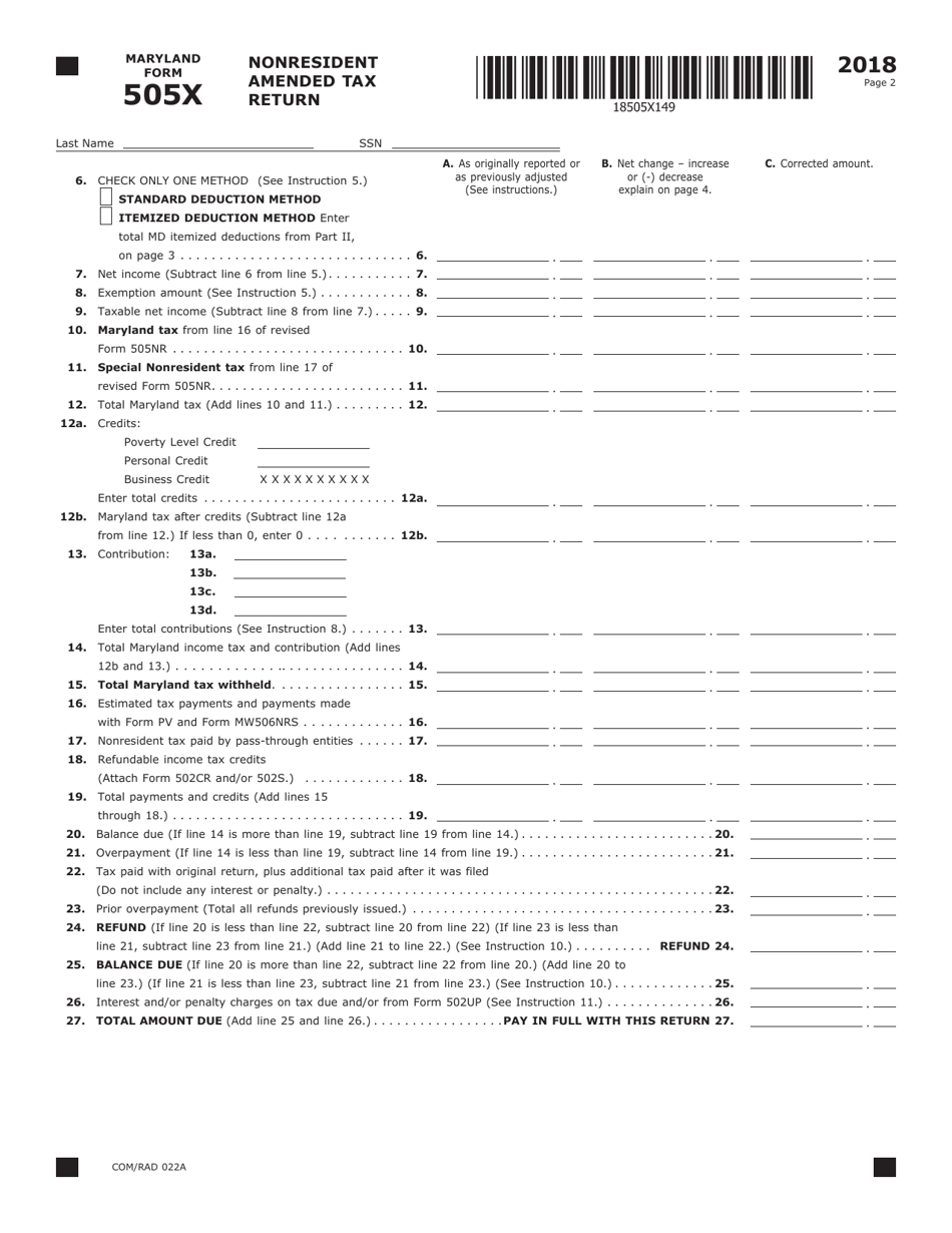 Form COM / RAD022A (Maryland Form 505X) Nonresident Amended Tax Return - Maryland, Page 2