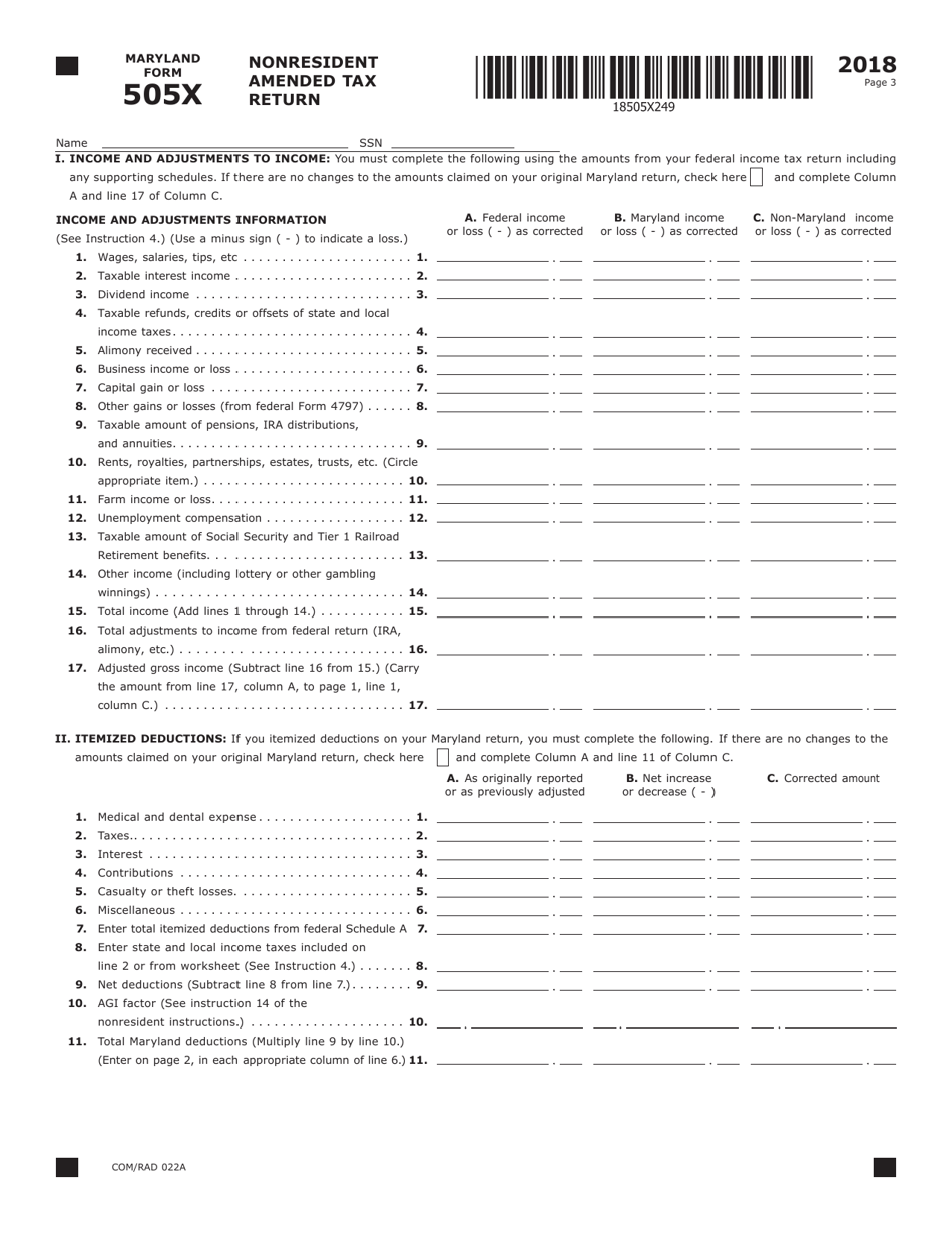 Form COM / RAD022A (Maryland Form 505X) Nonresident Amended Tax Return - Maryland, Page 3