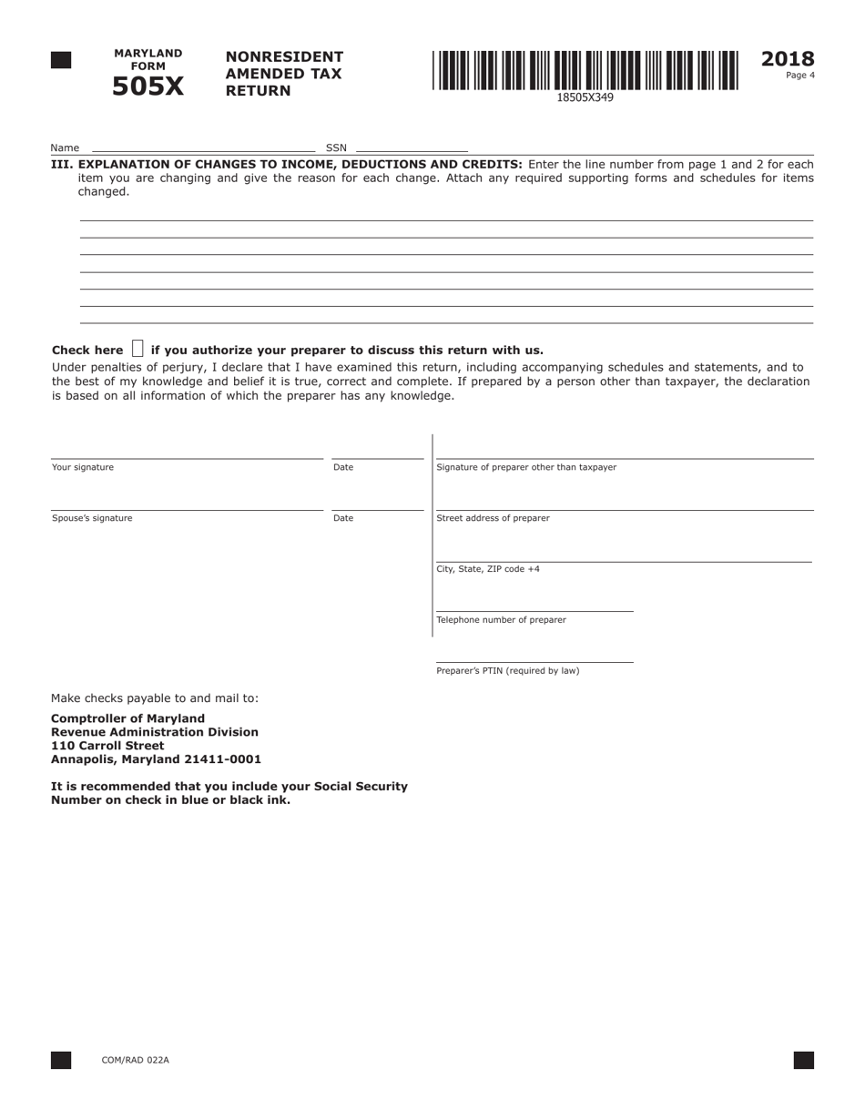 Form COM / RAD022A (Maryland Form 505X) Nonresident Amended Tax Return - Maryland, Page 4