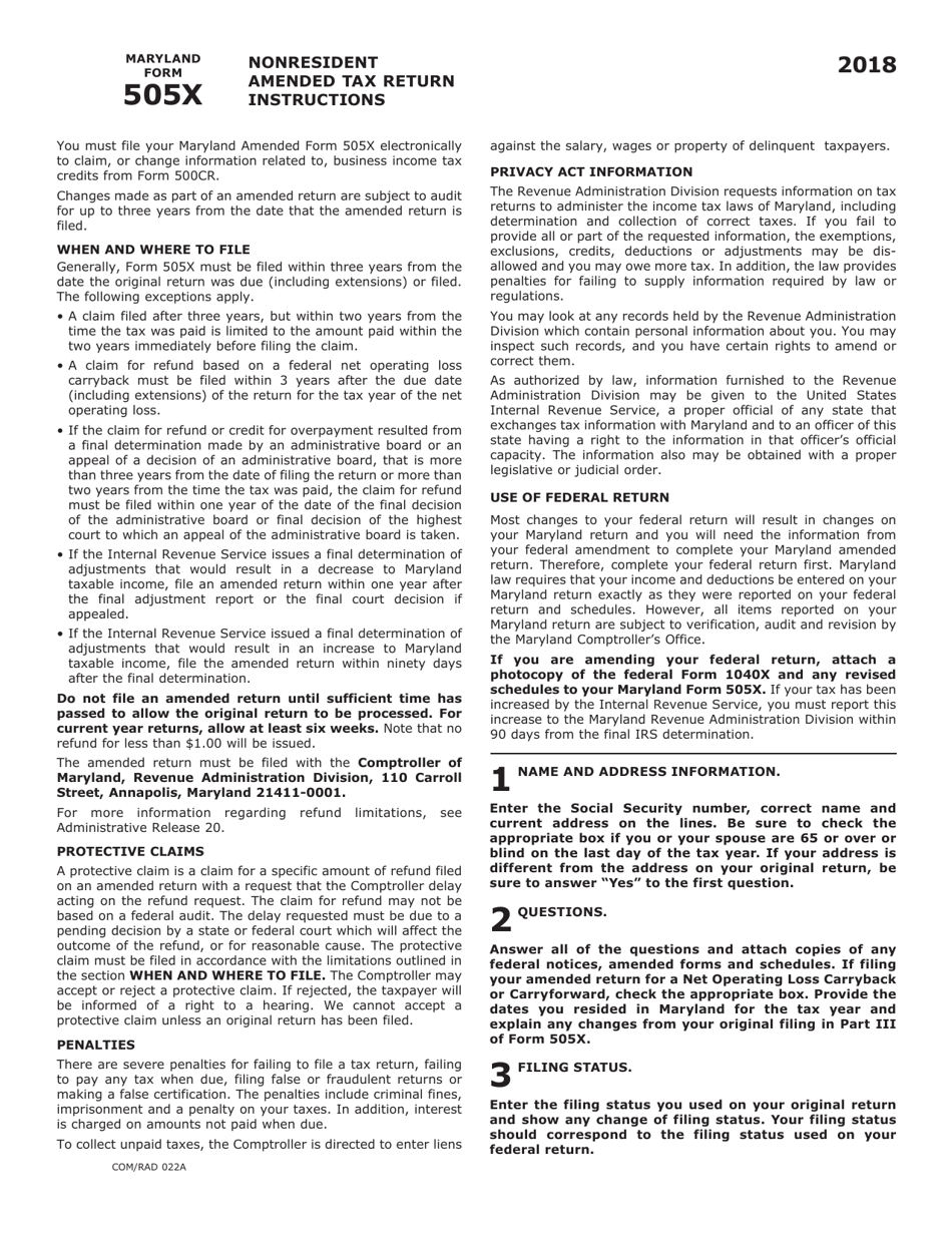 Form COM / RAD022A (Maryland Form 505X) Nonresident Amended Tax Return - Maryland, Page 5