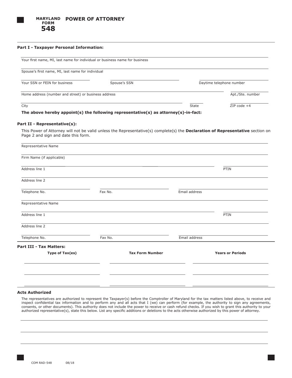 Form COM / RAD-548 (Maryland Form 548) Power of Attorney - Maryland, Page 1