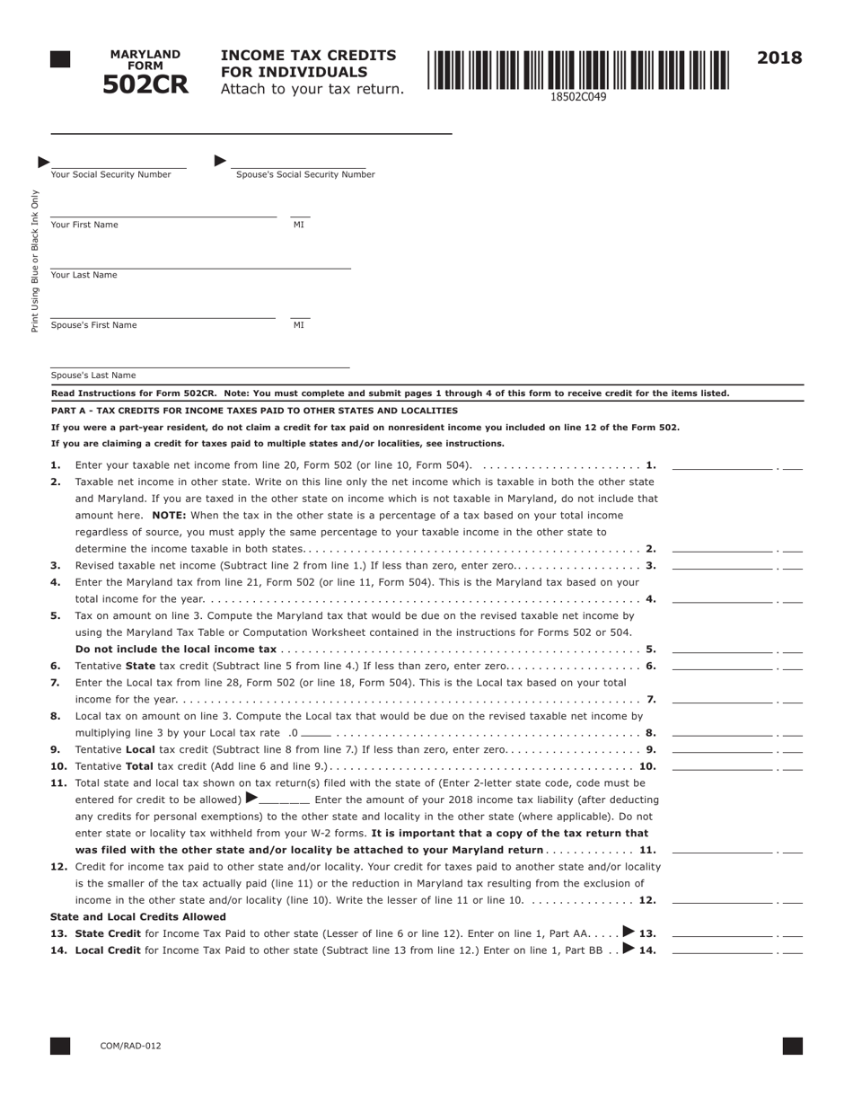 Form COM / RAD-012 (Maryland Form 502CR) Income Tax Credits for Individuals - Maryland, Page 1
