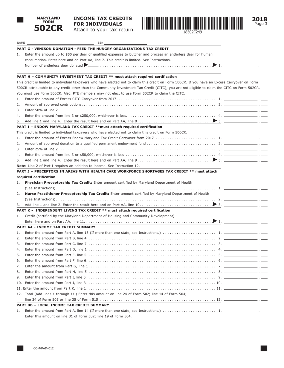 Form COM / RAD-012 (Maryland Form 502CR) Income Tax Credits for Individuals - Maryland, Page 3