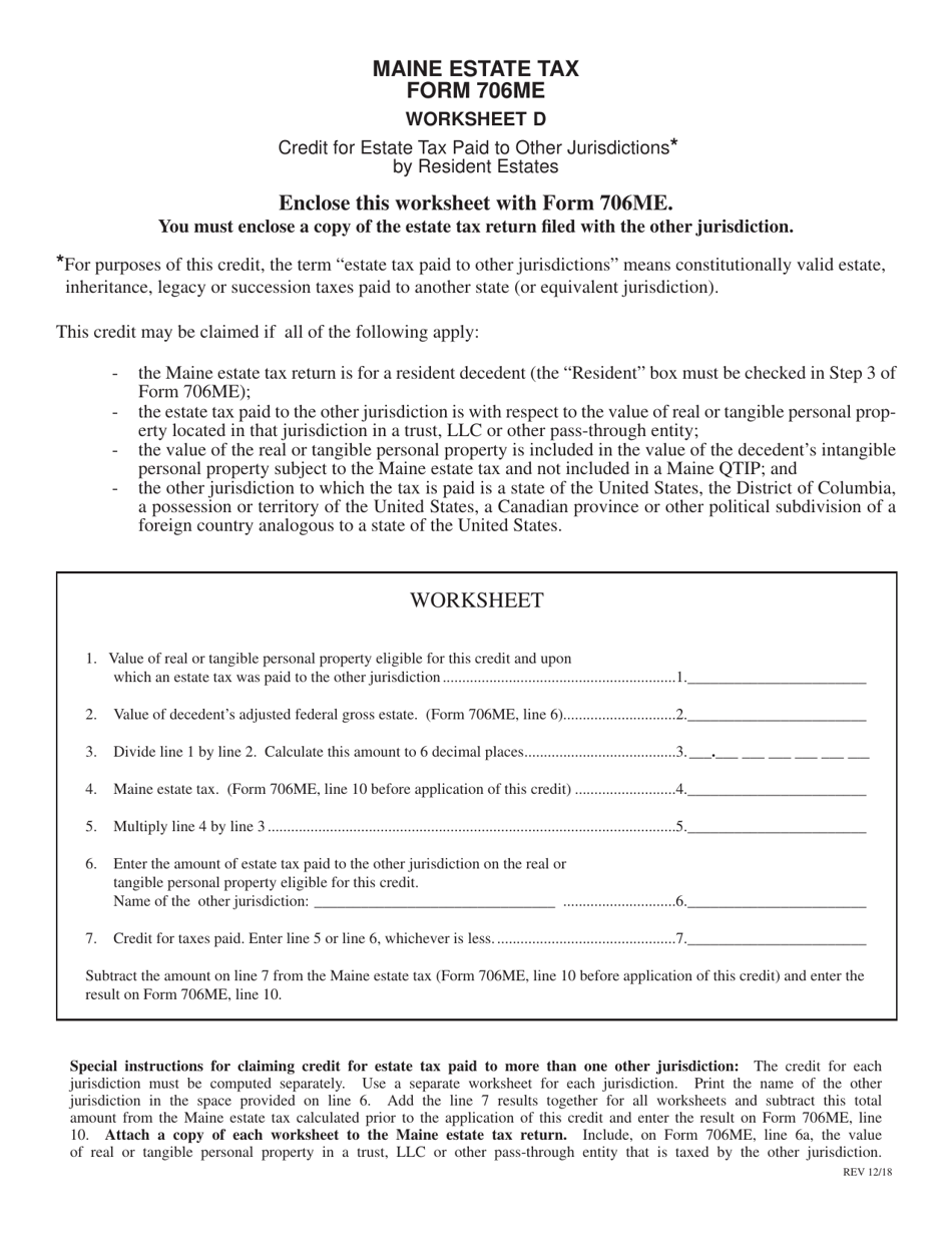 Form 706ME Worksheet D - Credit for Estate Tax Paid to Other Jurisdictions by Resident Estates - Maine, Page 1