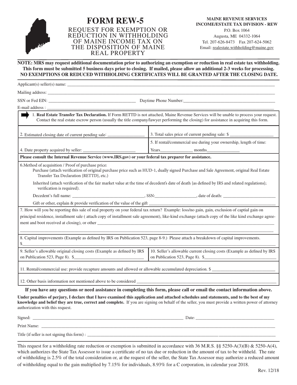 Form REW-5 Request for Exemption or Reduction in Withholding of Maine Income Tax on the Disposition of Maine Real Property - Maine, Page 1