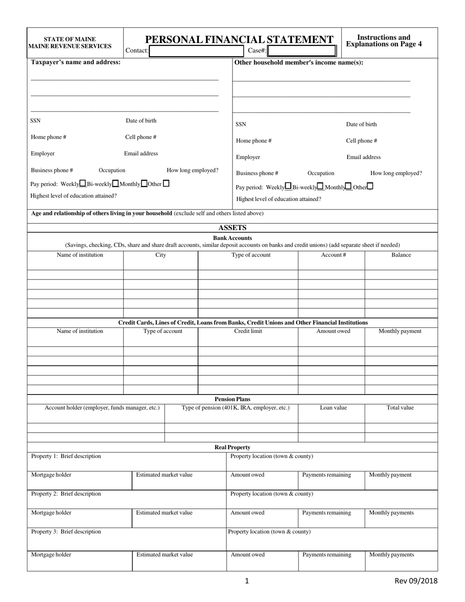 Personal Financial Statement - Maine, Page 1