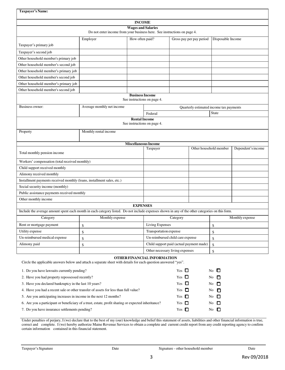 Personal Financial Statement - Maine, Page 3