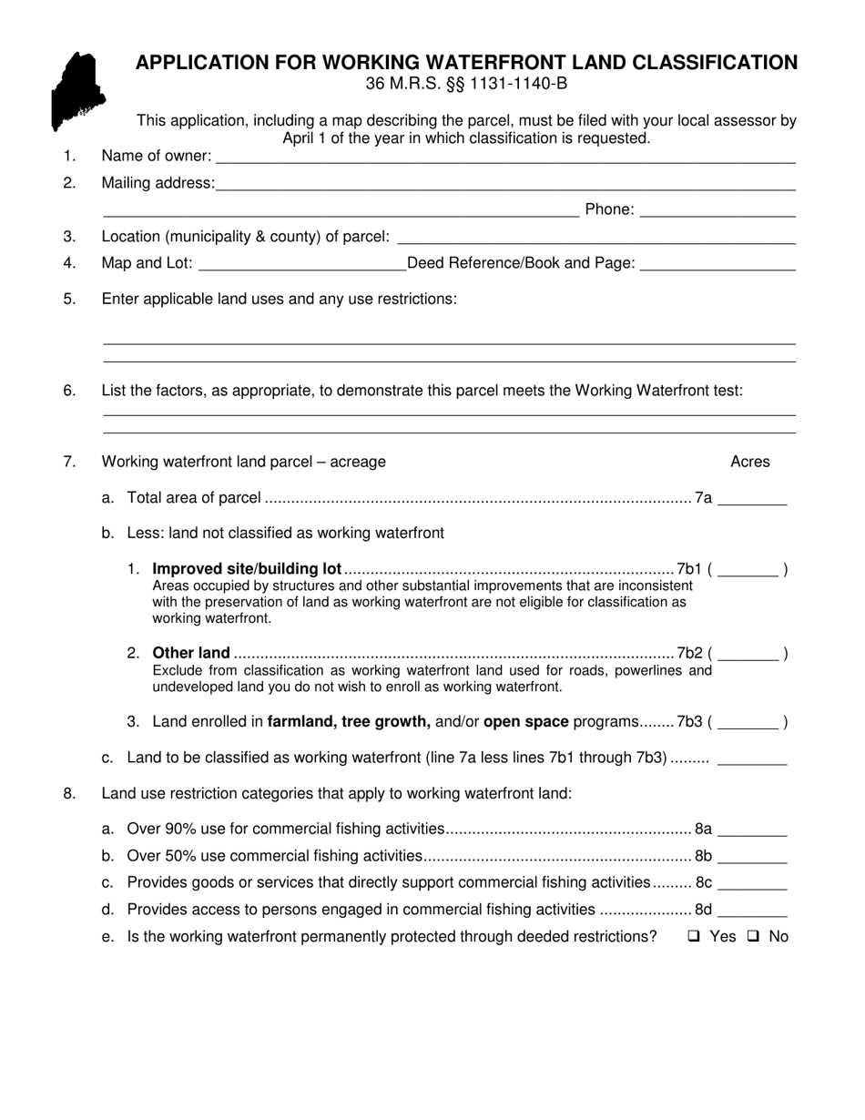 Application for Working Waterfront Land Classification - Maine, Page 1
