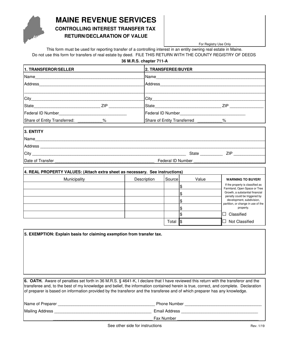 Controlling Interest Transfer Tax Return / Declaration of Value - Maine, Page 1