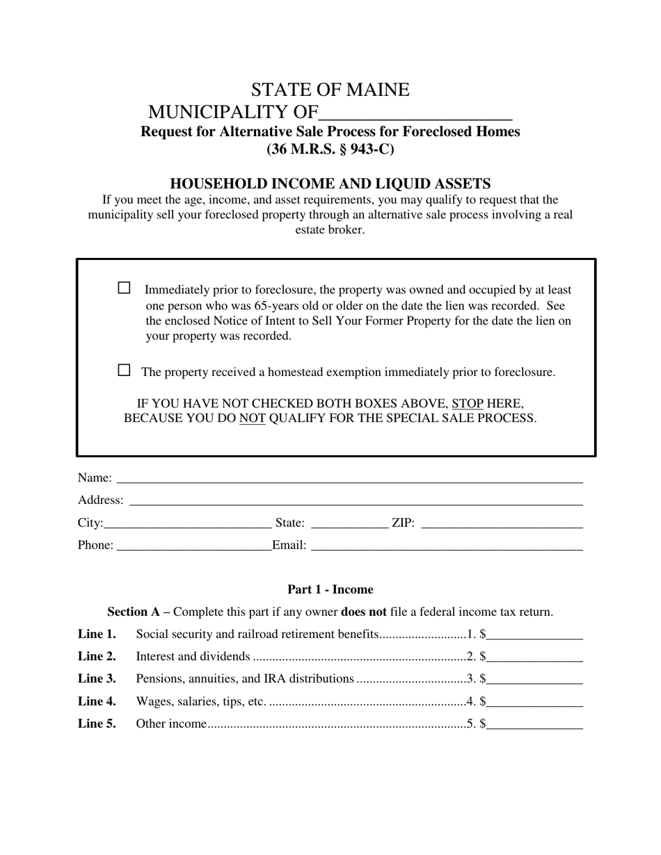 Maine Request for Alternative Sale Process for Foreclosed Homes Fill