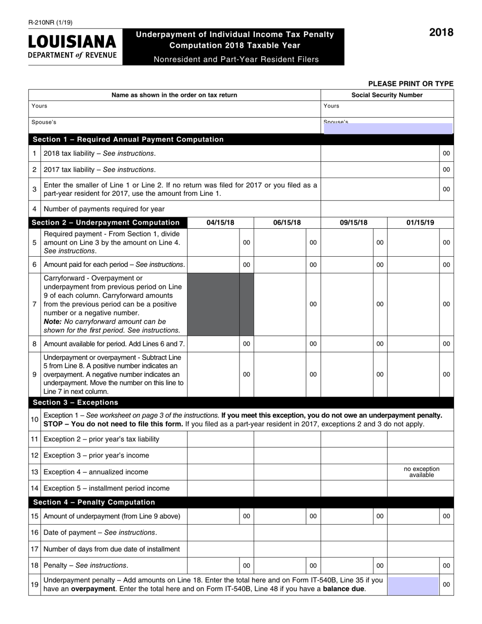 Form R-210NR Underpayment of Individual Income Tax Penalty - Louisiana, Page 1