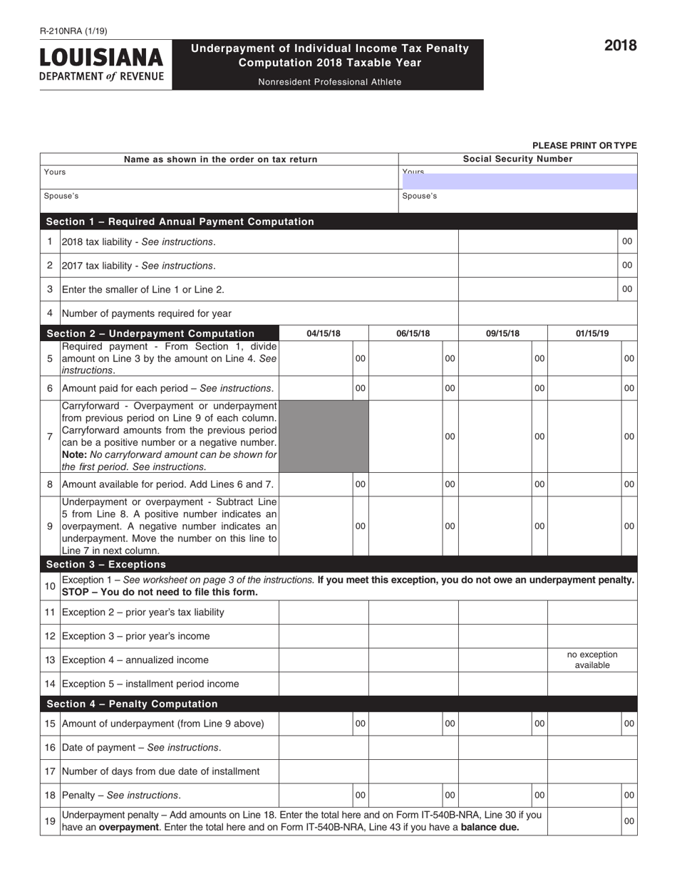 Form R-210NRA Underpayment of Individual Income Tax Penalty - Louisiana, Page 1