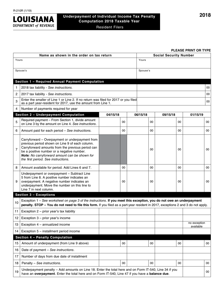 Form R-210R Underpayment of Individual Income Tax Penalty - Louisiana, Page 1