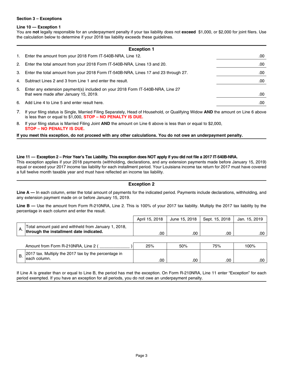 Instructions for Form R-210NRA Underpayment of Individual Income Tax Penalty - Louisiana, Page 3