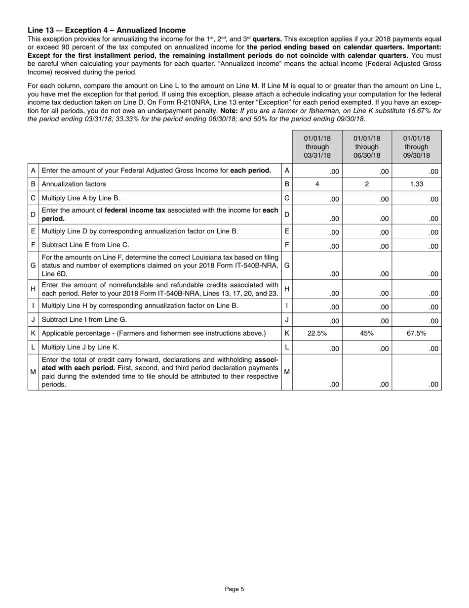 Instructions for Form R-210NRA Underpayment of Individual Income Tax Penalty - Louisiana, Page 5