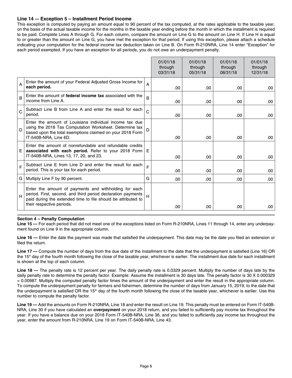 Instructions for Form R-210NRA Underpayment of Individual Income Tax Penalty - Louisiana, Page 6