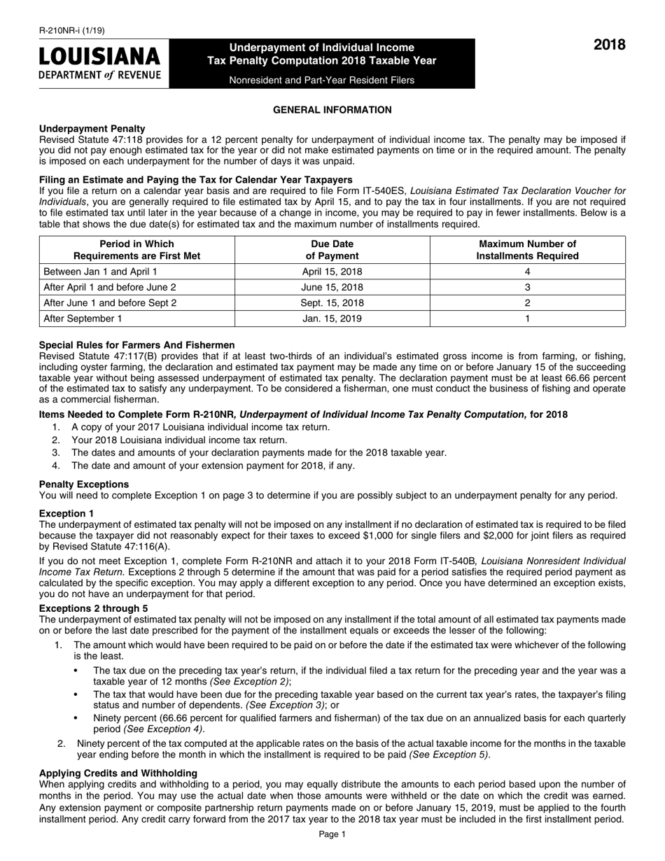 Instructions for Form R-210NR Underpayment of Individual Income - Louisiana, Page 1
