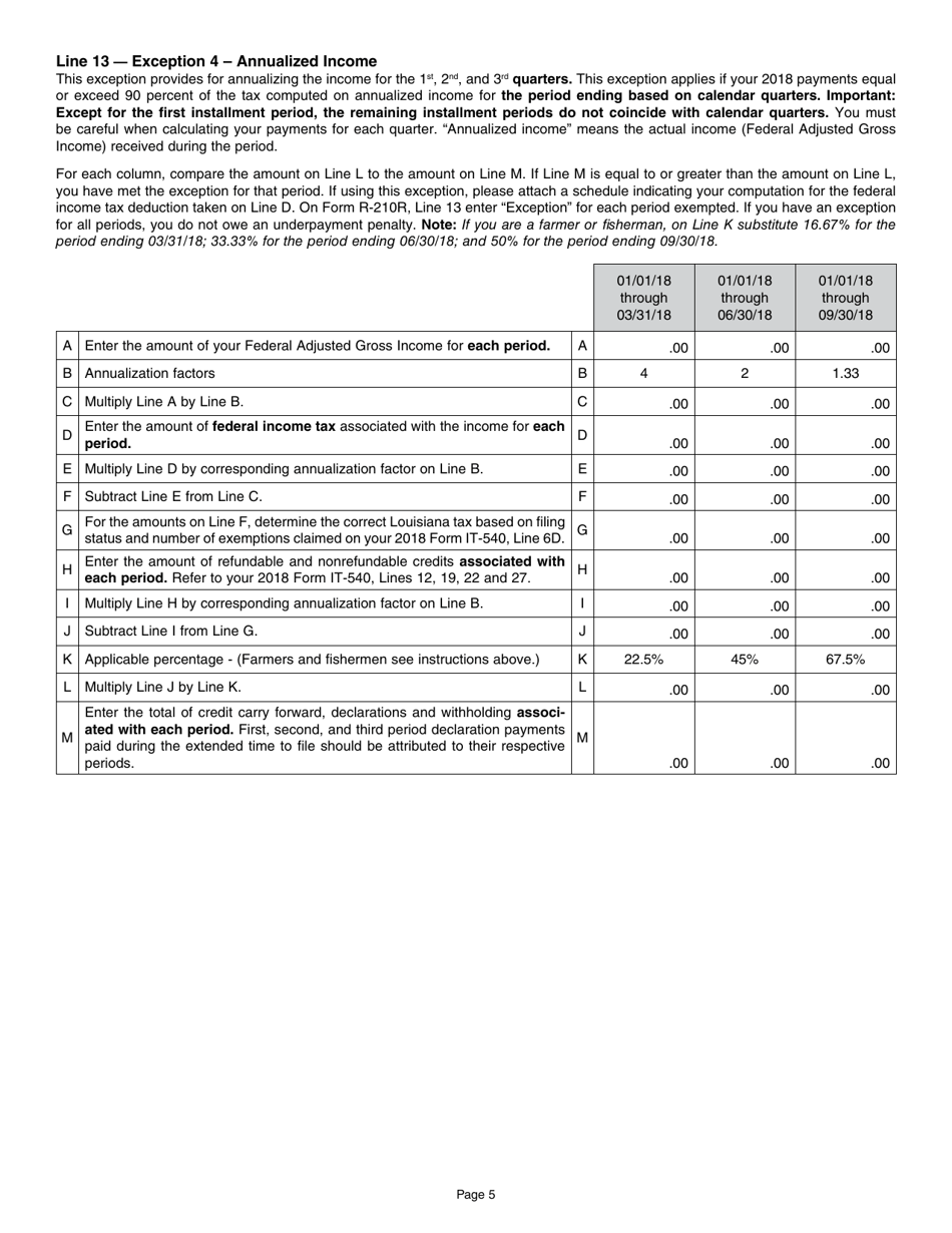 Instructions for Form R-210R Underpayment of Individual Income Tax Penalty - Louisiana, Page 5