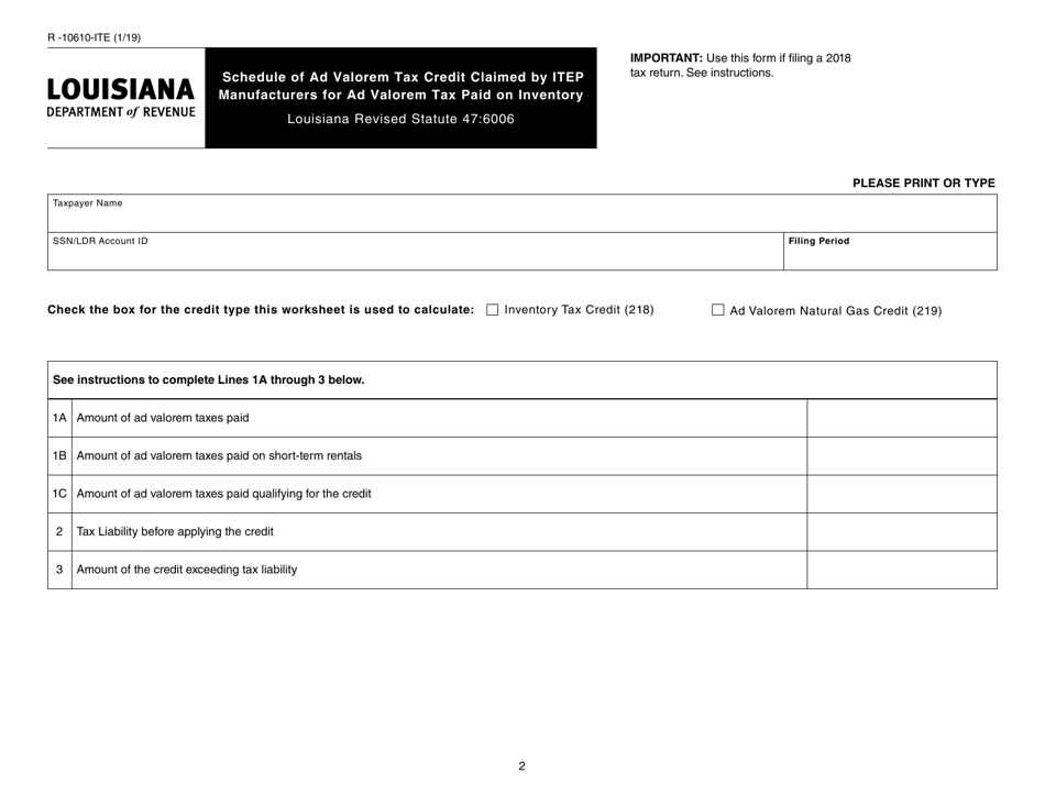 Form R-10610-ITE Schedule of Ad Valorem Tax Credit Claimed by Itepmanufacturers for Ad Valorem Tax Paid on Inventory - Louisiana, Page 2