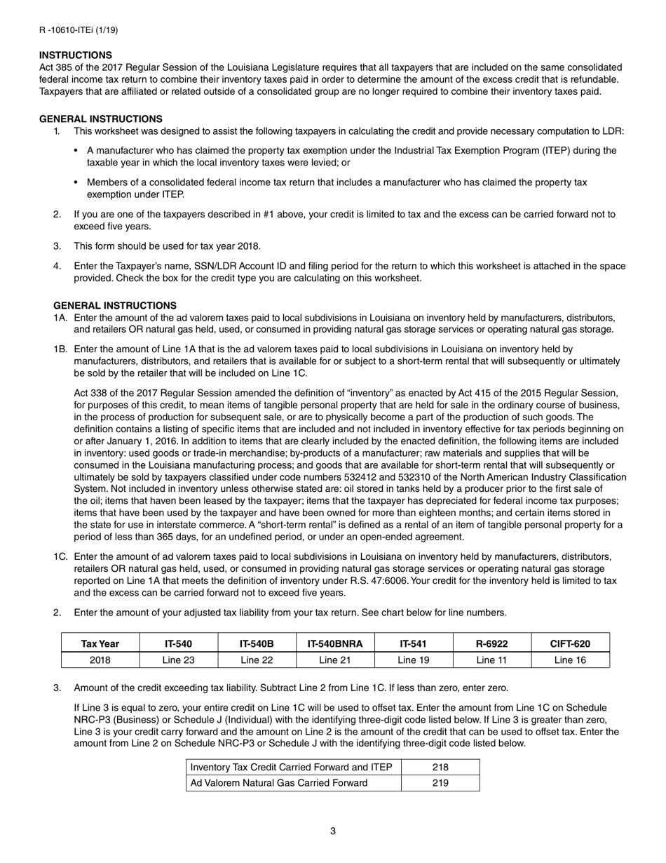 Form R-10610-ITE Schedule of Ad Valorem Tax Credit Claimed by Itepmanufacturers for Ad Valorem Tax Paid on Inventory - Louisiana, Page 3
