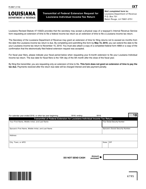 Form R-2867 Transmittal of Federal Extension Request Forlouisiana Individual Income Tax Return - Louisiana, 2018