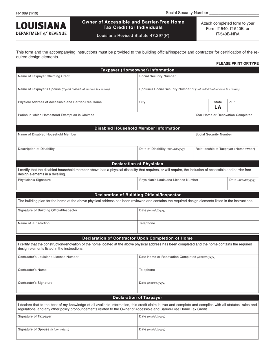 Form R-1089 Owner of Accessible and Barrier-Free Home Tax Credit for Individuals - Louisiana, Page 1