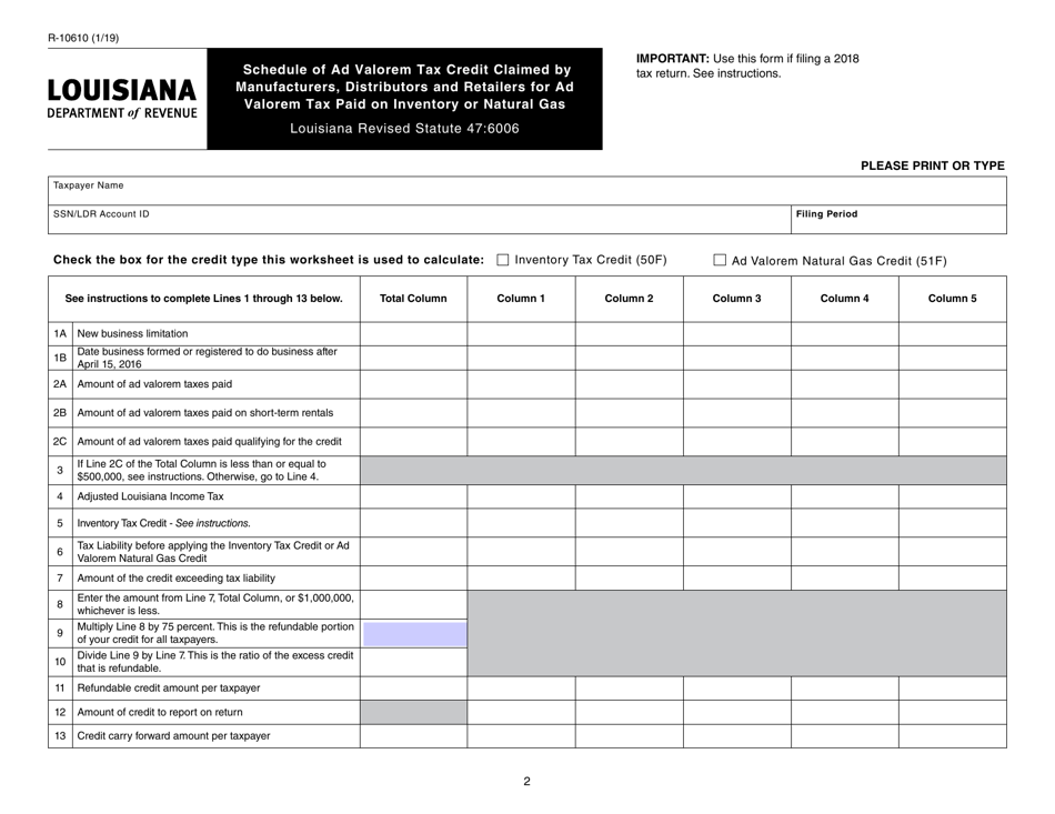 Form R-10610 Schedule of Ad Valorem Tax Credit Claimed by Manufacturers, Distributors and Retailers for Ad Valorem Tax Paid on Inventory or Natural Gas - Louisiana, Page 2