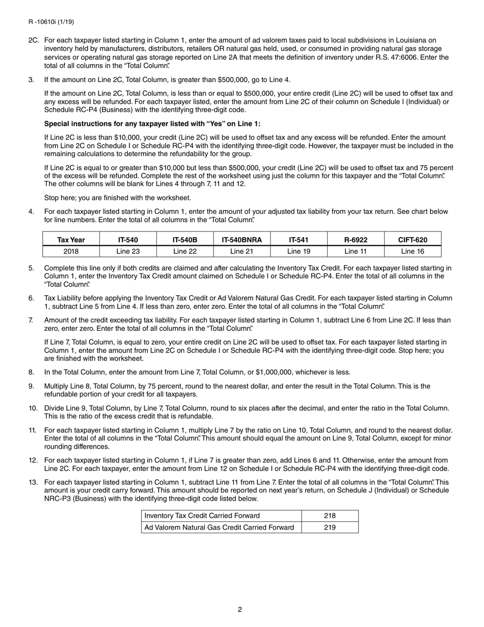 Form R-10610 Schedule of Ad Valorem Tax Credit Claimed by Manufacturers, Distributors and Retailers for Ad Valorem Tax Paid on Inventory or Natural Gas - Louisiana, Page 4