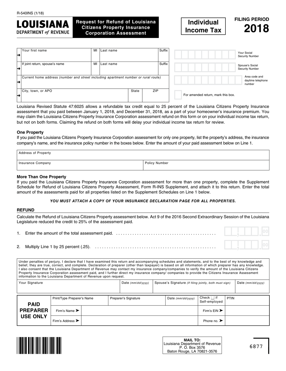 Form R-540INS Request for Refund of Louisiana Citizens Property Insurance Corporation Assessment - Louisiana, Page 1