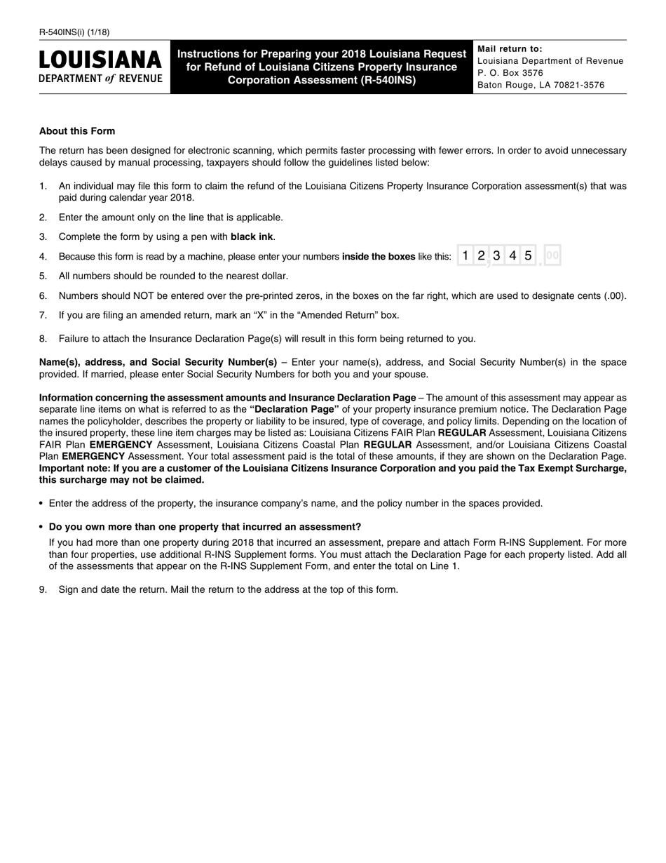Form R-540INS Request for Refund of Louisiana Citizens Property Insurance Corporation Assessment - Louisiana, Page 2