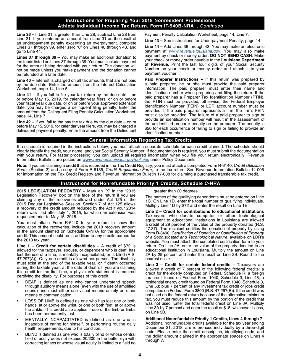 Instructions for Form IT-540B-NRA Louisiana Nonresident Professional Athlete Individual Income Tax Return - Louisiana, Page 4